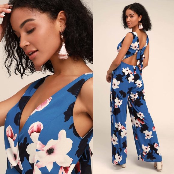 Pants - Heart Abloom Blue Floral Print Tie-Back Jumpsuit